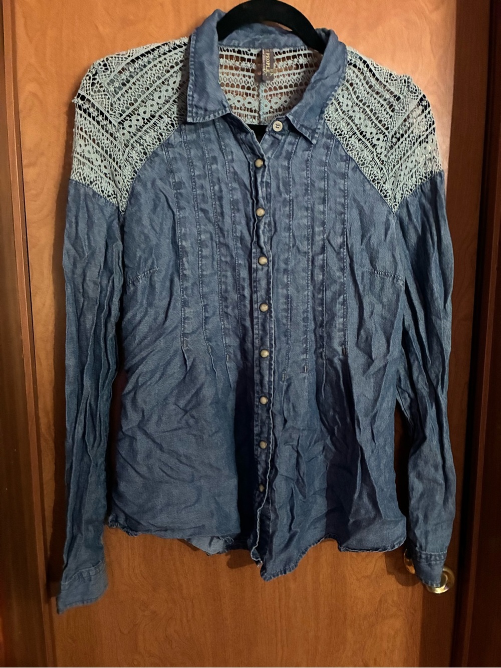 Free People Chambray Snap Button-Up Shirt with Lace Yoke Size Small